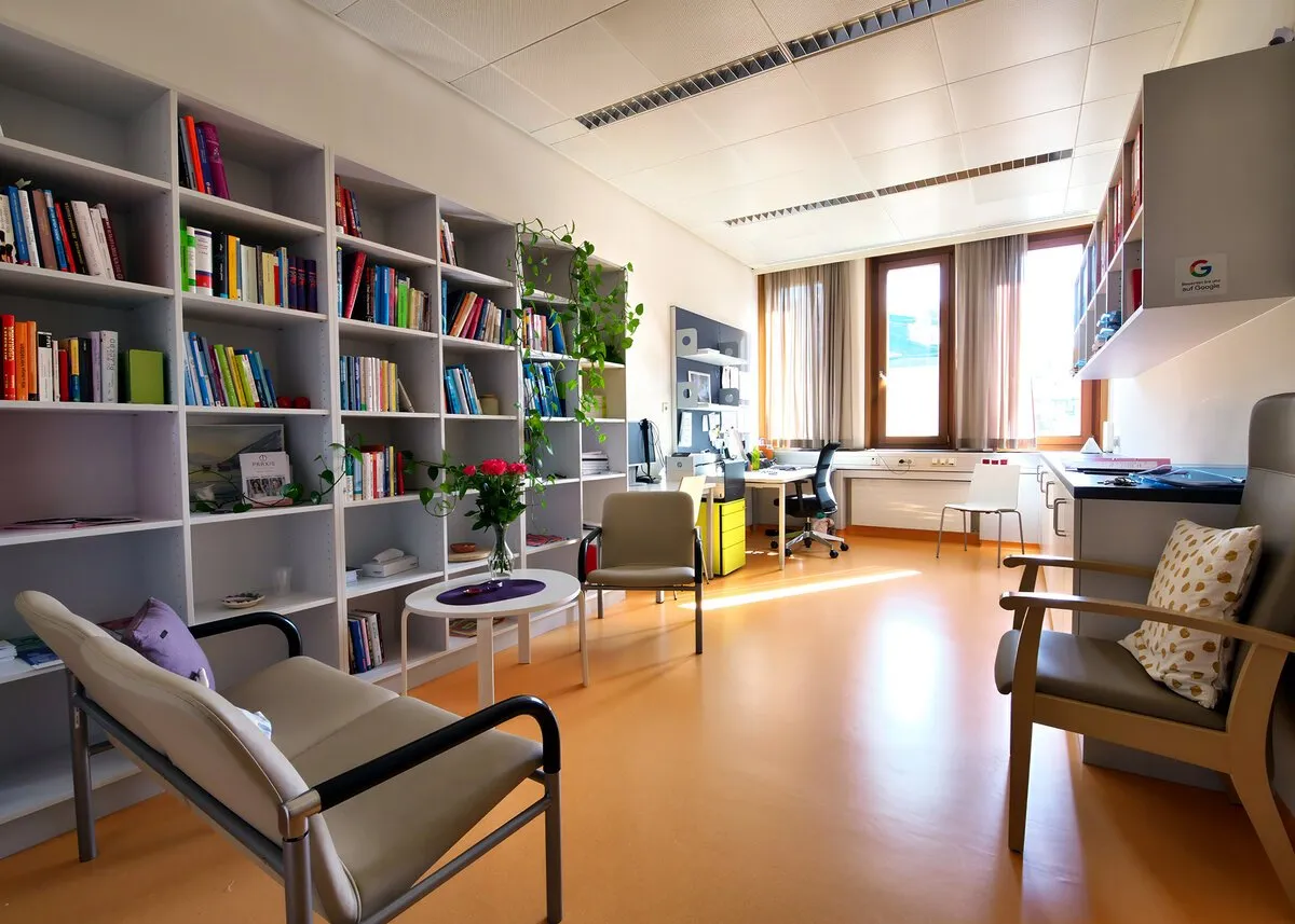Der helle Praxisraum mit Bücherregal, Sesseln, Blumen und Schreibtisch am Fenster